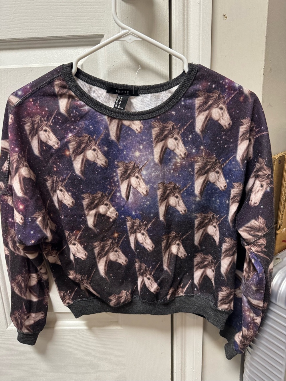 Forever 21 Purple and Navy Unicorn Galaxy Cropped Sweatshirt